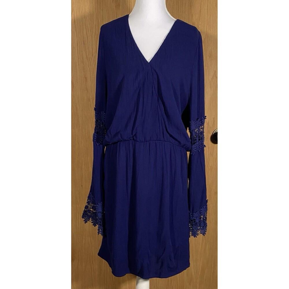 Roxberi Women's XL Shift Midi Dress Lace Bell Sleeve Blue Career Church Office